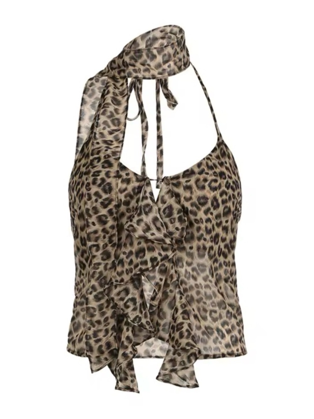Leopard Print Halter Ruffle Top - Brown